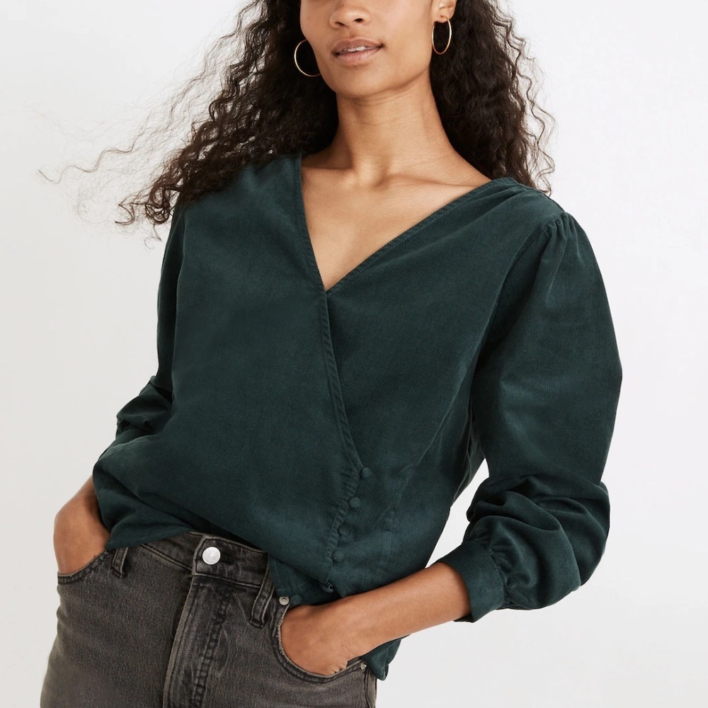 Madewell Deep Teal V-Neck Button-Front Blouse